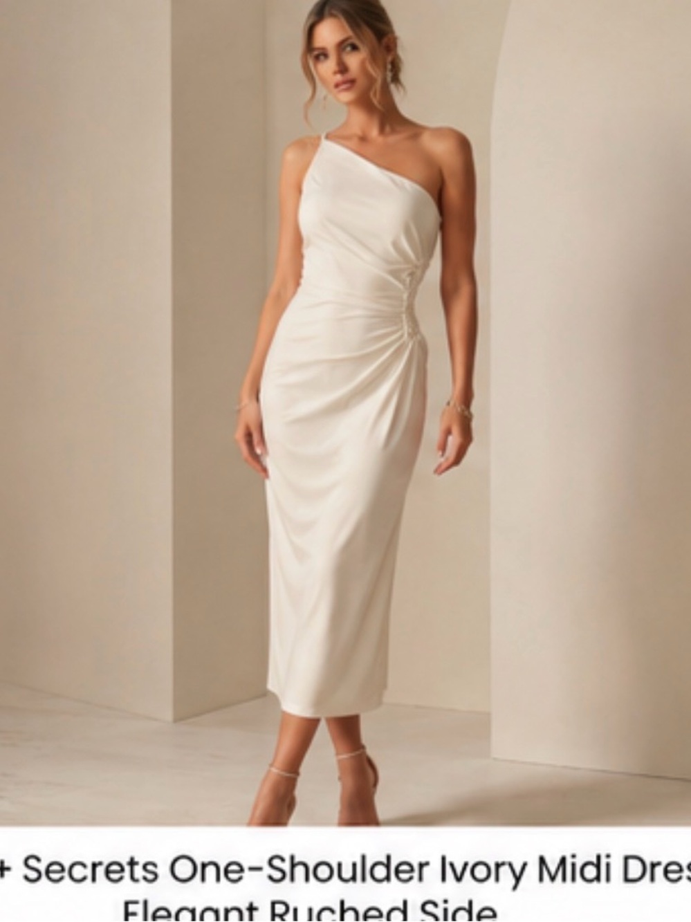Saints & Secrets: One-Shoulder Ivory Midi Dress - Elegant Ruched Side